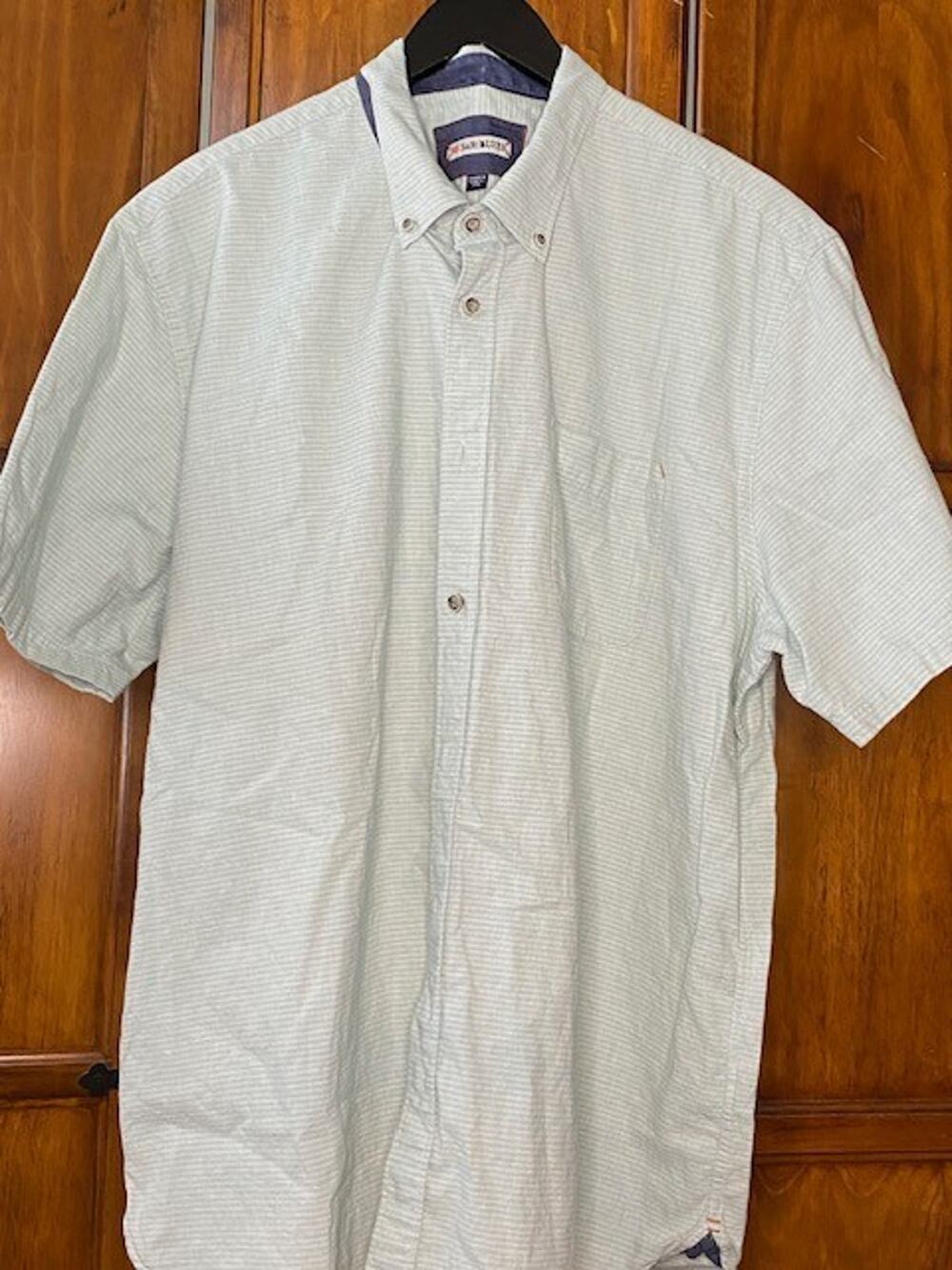 32 Bar Blues Mens XXL Cotton Linen Button Front Light Blue Stripe Short Sleeve